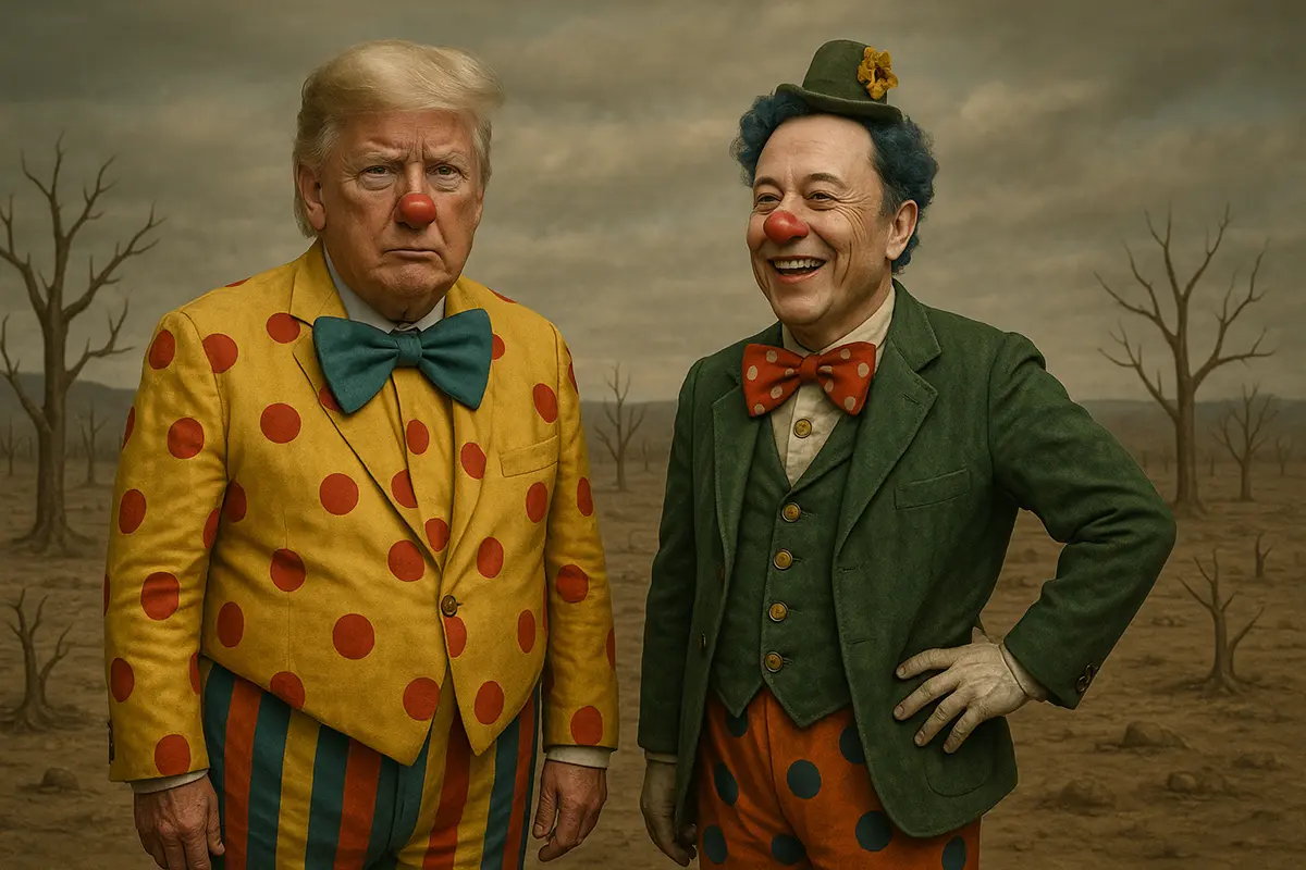 The Clowns Implode - Ai generated image of Donald Trump and Elon Musk dressed up as clowns