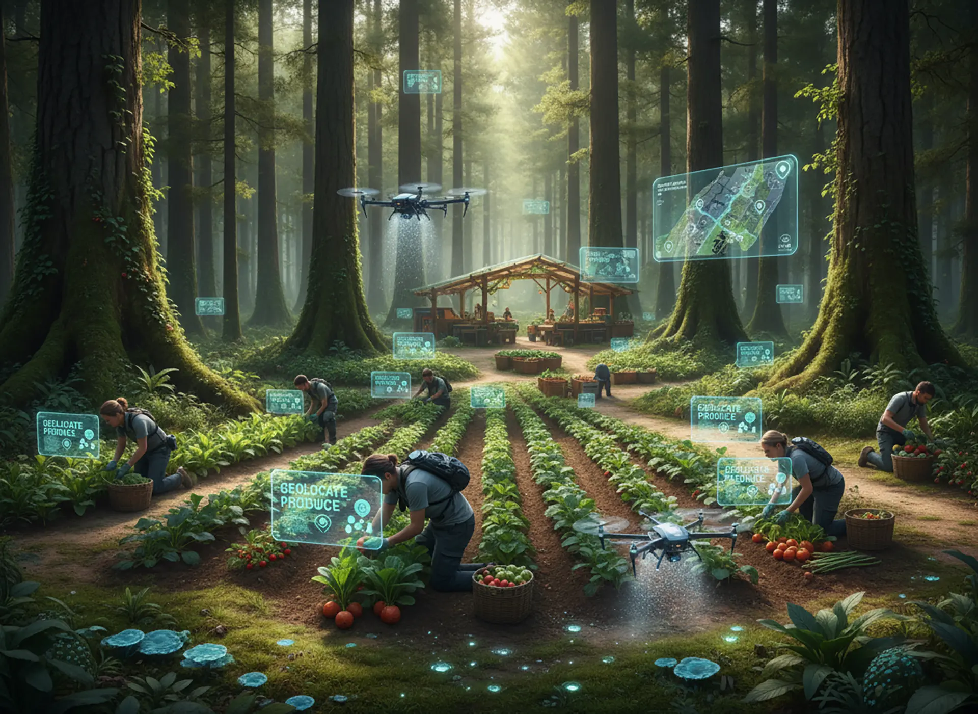 humans picking the produce from Geolocate produce in a field with hologram tags